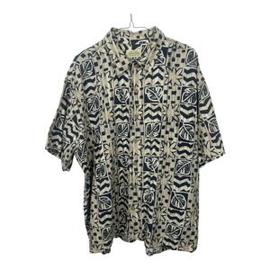 Vintage St Johns Bay Men's Hawaiian Shirt Geometric Print Tan Blue XL